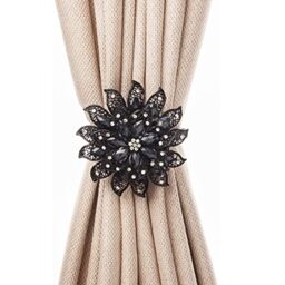 SUQ I OME Classic Luxury Big Crystal Curtain Magnetic Tieback Flower Curtain Clips Buckle with Stretchy Wire Rope for Home Office Decoration(Black,2PCS)