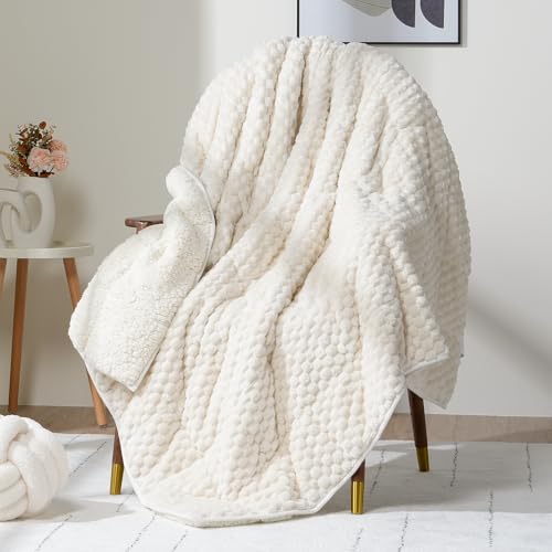 "Wemore Fleece Weighted Blanket for Adults (60"" x 80"" 20lbs, Cream White), Dual Sided Cozy Soft Sherpa Heavy Blanket, 3D Imitation Turtle Shell Warm Jacquard Flannel Weighted Blankets for Couch and Bed"