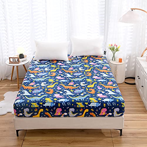 NATURETY 2 Pack Bedding Fitted Sheet with Deep Pocket,Dino Printed Fabric Bed Sheets(Navy Blue(Dinosaur),Twin Pack of 2)