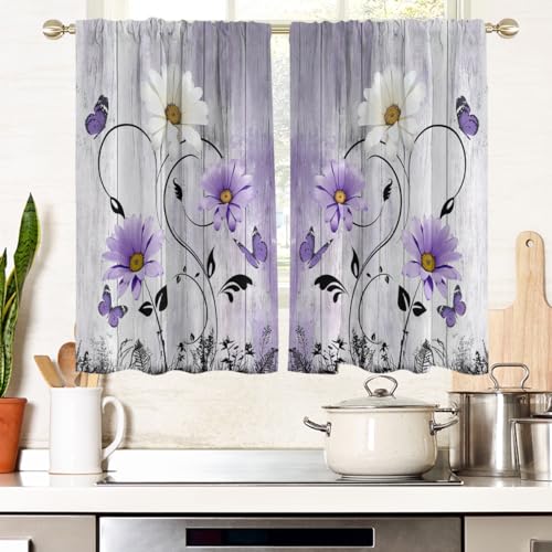 "AAtter Purple Floral Kitchen Curtains, 27.5"" W x 45"" L, 2 Panels Rod Pocket - Lavender and White Farmhouse Window Drapes, Country Rustic Flower, Cute Vintage Daisy Butterfly, Small Short Bathroom Tiers"