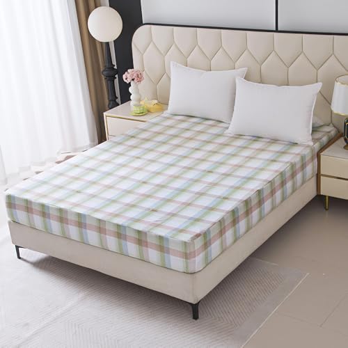 NATURETY Bedding Fitted Sheet with Deep Pocket,Fresh Design Printed Fabric Bed Sheets for Summer (Green Checkered, Full)