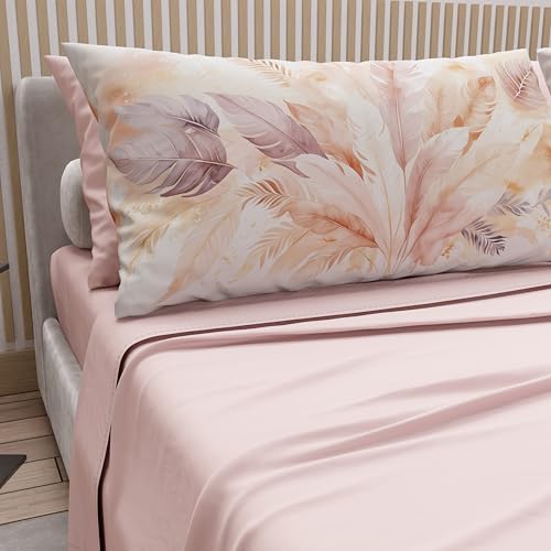 PETTI Artigiani Italiani - Cotton Sheets with Pillowcases in Digital Print, Single Sheet, Complete Bed Set with Powder Palm Pattern, 100% Made in Italy