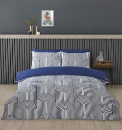 Rapport home Double Duvet Cover Set – Premium Polycotton 3-Piece Bedding with Blue and White Arches Geometric Design, Minimalist Non-Iron Fabric and Snap Fastener