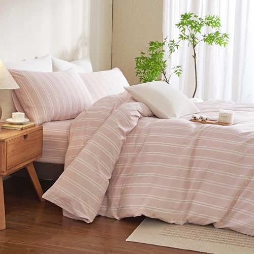 MWL Toy Duvet Cover King Size Pink White Striped Duvet Cover Set Washed Cotton Linen Feel Chic Bedding Set for All Seasons Breathable Durable Textured (Wide Striped HFBT)