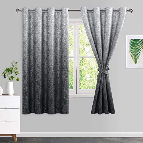 JIUZHEN Ombre Blackout Curtains for Bedroom??? Damask Patterned Thermal Insulated Room Darkening Window Curtains with Tiebacks, 52 x 63 Inches, Set of 2 Panels, Black