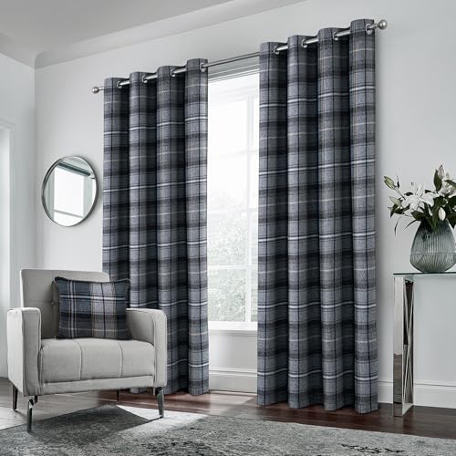 always4u Woolen Look Plaid Curtains Modern Window Panels Black Grey Check Tartan Curtains for Living Room Bedroom 2 Panels Black Grey 45 * 63 Inches