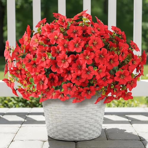 VIERENA 24 Bundles Artificial Flowers and Eucalyptus for Outside, Sun Resistant Silk Fake Morning Glory with Faux Eucalyptus Plants for Garden Porch Farmhouse Home Spring Summer Decor (Red)