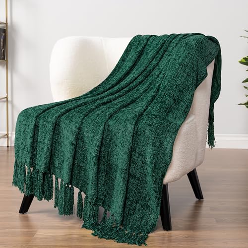 PAVILIA Chenille Tassel Fringe Throw Blanket - Velvety Textured Decorative Knit Throw for Sofa Couch Bed - Soft Boho Woven Cozy Lightweight Knitted Throw - Emerald Green 50 x 60 Inches
