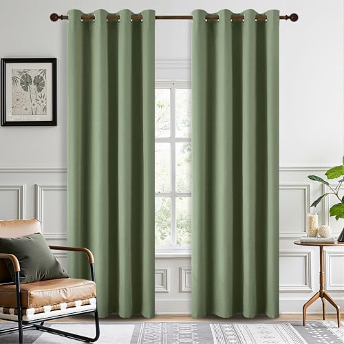 DONREN Total Blackout Linen Curtains 95 Inch Length for Bedroom Living Room, Farmhouse 100% Black Out Thermal Insulated Privacy Lightweight Grommet Curtain Panels, Sage Green, W52 x L95, 2 Panels