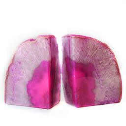 JIC Gem Pink Agate Geode Bookends Anti-Slip Rubber Bumpers 1 Pair 2-3 Lbs - Small Polished Dyed Pink Brazilian Agate Geode Bookends small Anti-Slip Crytal Holders for Bookshelf Desktop Home Office
