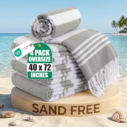 Utopia Towels - 4 Pack Turkish Beach Towel (40 x 72 Inches) - 100% Cotton Big Beach Towels Oversized - No Sand, Lightweight & Quick Dry - Prewashed for Soft Feel (Cool Grey)