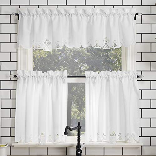 "No. 918 Mariela Floral Trim Semi-Sheer Rod Pocket Kitchen Curtain Valance and Tiers Set, 58"" x 24"", White"