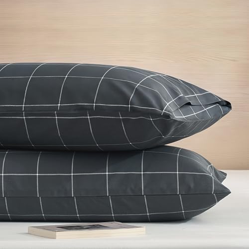 JELLYMONI 100% Natural Cotton Plaid King Pillowcases Set, 2 Pack Black with White Grid Geometric Pattern Printed Pillow Covers with Envelope Closure(Pillows are not Included)