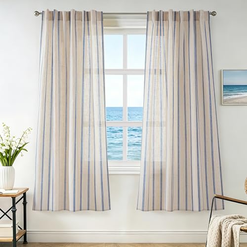 DriftAway Farmhouse Curtains for Living Room Vertical Striped Linen Window Curtains Semi Sheer Light Filtering Back Tab Rod Pocket, 63 Inches Long, 2 Panels, Pinstripe Navy on Beige