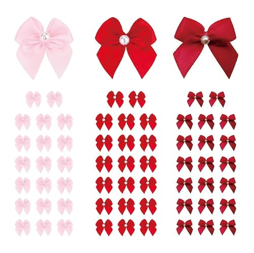 Meseey 60pcs Mini Ribbon Bows with Pearl Ribbon Flowers Appliques DIY Craft for Sewing, Scrapbooking, Wedding, Gift,Christmas Decoration (Red&Pink&Hotpink)