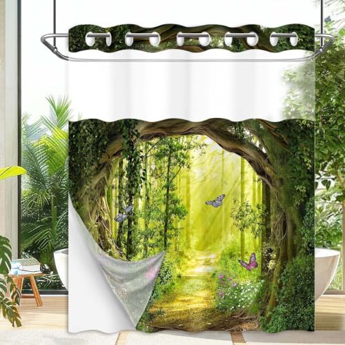 "Forest Hookless Shower Curtain with Snap in Liner, Green No Hook Double Layer Shower Curtain and Liner Set, Ringless with Window Waterproof Cloth Fabric, 71"" W x 80"" L"