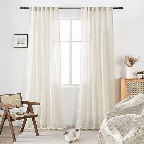Flax Linen Sheer Curtains 90 Inches Long for Bedroom 2 Panels Back Tab Loop Pocket Rustic Farmhouse Drapes Light Filtering Semi Sheer Natural Curtain for Living Room 52x90 Ivory Off White Cream Beige