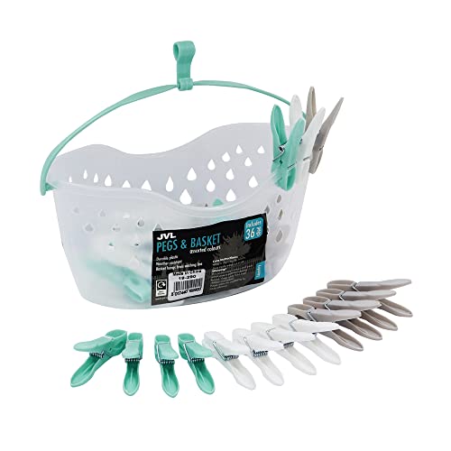 JVL Strong hanging 36 plastic clothes pegs with clear basket and hook