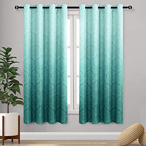 DWCN Ombre Curtains for Bedroom - Damask Patterned Thermal Insulated Blackout Room Darkening Energy Saving Grommet Curtains for Living Room, Set of 2 Window Curtain Panels, 52 x 72 Inches Long, Teal