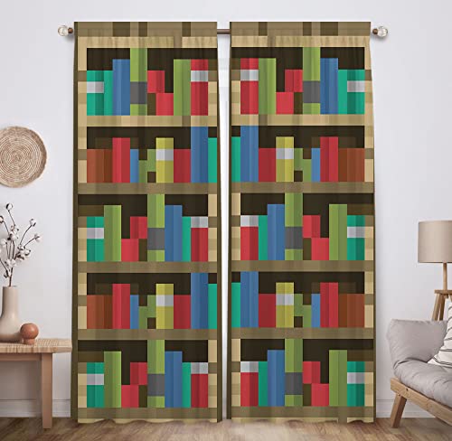 Allenjoy Pixelated Bookshelf Children Window Curtains for Boy Girl Baby Kids Room Bedroom Kids Room Toddler Home Office Decor Decorations Durable Fabric Machine Washable 208 x 213cm