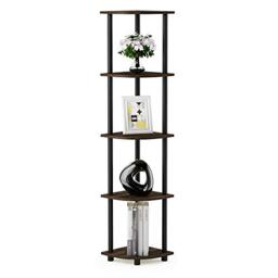 Furinno TURN-N-TUBE Corner Shelf, 5-Tier Corner Bookshelf, Open Storage Shelves, for Organization and Storage, Living Room, Home Office, Garage, Bedroom, Columbia Walnut