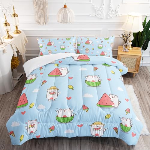 XYNHML Kid Cartoon Cat Comforter 3Pcs Twin Cute Kitten Ice-Cream Heart Bedding Kawaii Pet Cat Bedding Set for Teen Boy Girl Adult Cloud Watermelon Quilt Bed Decor with 1 Comforter and 2 Pillowcases