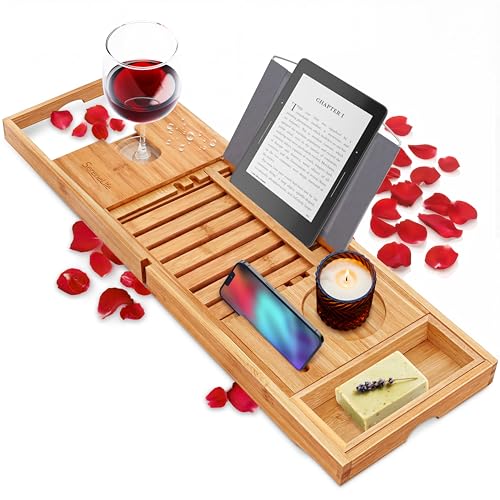 Luxury Bamboo Bathtub Caddy Tray - Adjustable Natural Wood Bath Tub Organizer with Wine Holder, Cup Placement, Soap Dish, Book Space & Phone Slot for Spa, Bathroom & Shower