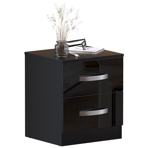 Vida Designs High Gloss Bedside Cabinet Black, 2 Drawer With Metal Handles and Runners, Unique Anti-Bowing Drawer Support, Bedroom Furniture