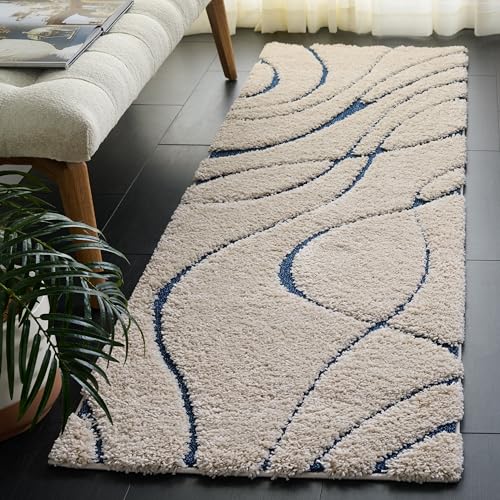 SAFAVIEH Shag Rug for Living Room, Dining Room, Bedroom - Florida Shag Collection, High Pile, in Cream and Blue, 69 X 213 cm
