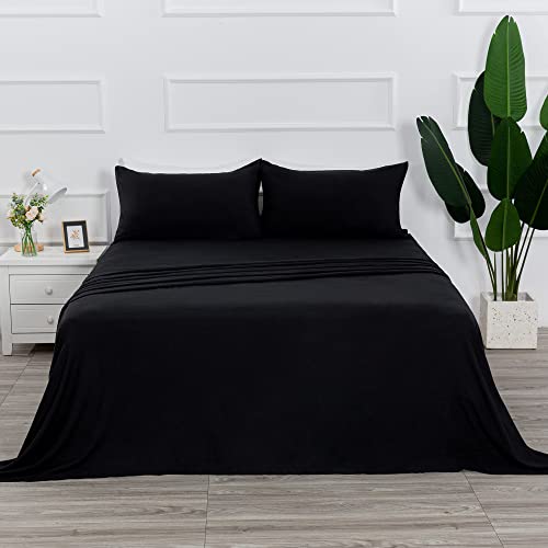 400 Thread Count Cotton Full Size Sheet Set (Black) 4 Piece - 100% Long Staple Cotton Sheets Set, Soft Cotton Bed Sheets Sets with Deep Pocket fit Up to 16 inch