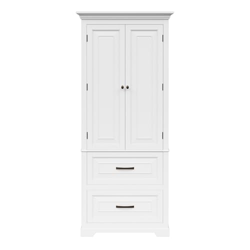 Teamson Home St. James Linen Tower Cabinet, White with Brushed Bronze Hardware, Two Doors, Two Drawers, Three Internal Shelves for Bathroom or Utility Storage