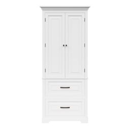 Teamson Home St. James Linen Tower Cabinet, White with Brushed Bronze Hardware, Two Doors, Two Drawers, Three Internal Shelves for Bathroom or Utility Storage