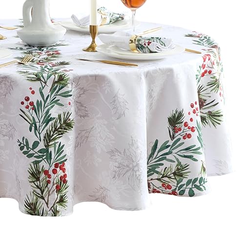 "Elrene Home Fashions Holly Berry Flourish Holiday/Christmas Wrinkle Resistant Fabric Round Dining Tablecloth, 70""x70"""