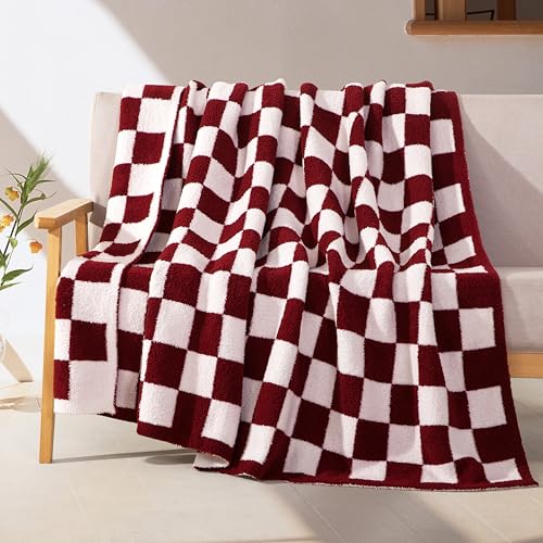Elegant Comfort Premium Checkered Reversible Throw Blanket - Ultra Soft and Lightweight, Luxury Knitted Breathable Fleece for Couch, Bed, Sofa - Warm Velvet Fluffy Throw, 50 x 70 Inch, Burgundy
