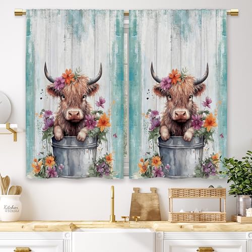 Laifzere Cute Baby Highland Cow Kitchen Curtains Farmhouse Teal Wooden Small Short Cafe Window Curtains Rustic Animal Rod Pocket Bathroom Window Drapes Treatment Tier Curtains 2 Panels (27.5x39 Inch)
