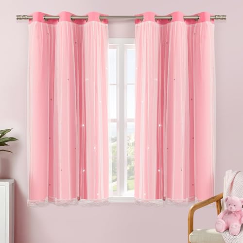 XiDi Star Curtains for Girls Bedroom Kids Decor 2 Panel Set,Blackout for Living Room Curtains Pink34-54/2