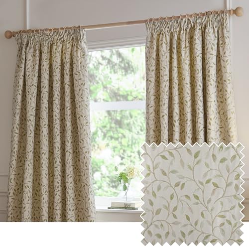 Voyage Maison Cervino Pencil Pleat Curtain Pair – Country Heritage Floral Leaf Woven Jacquard Lined Room Darkening Drapes (Lichen - 168x183cm)