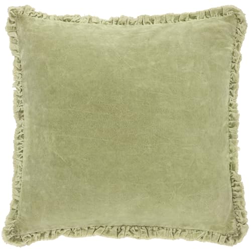 Yard furn Bertie Washed Cotton Velvet Feather Filled Cushion – Soft Velvet Relaxed Style Decorative Pillow (Sage – 45x45cm)