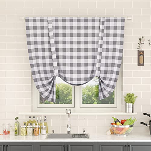 Natus Weaver Tie Up Curtain for Windows 54 inches Long Buffalo Check Adjustable Tie Up Shades Plaid Gingham Rod Pocket for Kitchen Windows 1 Panel, Grey & White