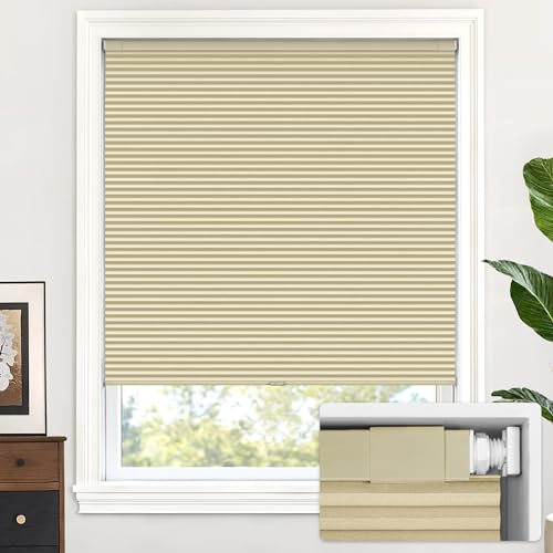 "LazBlinds Cordless Cellular Shades, No Tools No Drill Blackout Honeycomb Shades Pleated Blinds for Windows, 35"" W x 64"" H, Soft Cream"