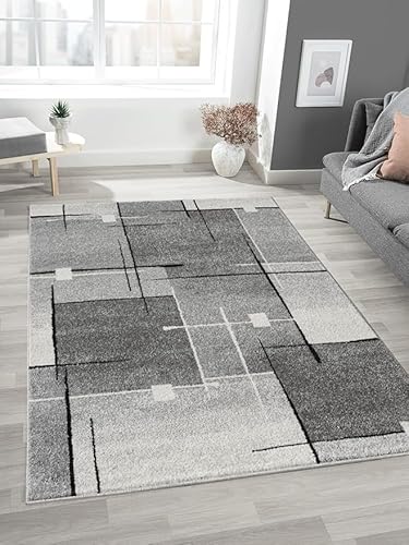 Mias Teppiche Mia's Mosaix Rugs, Modern Dense Short Pile Rug for Living Room and Bedroom, with Contour Cut, Geometric Patterns, Chequered, in Grey, 80 x 140 cm