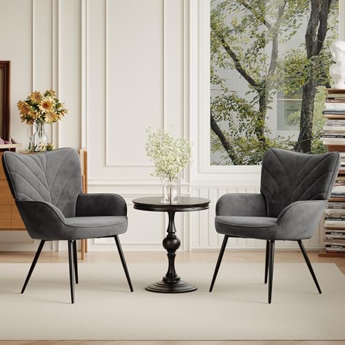 Upholstered Velvet Dining Chair with Armrests, Modern Nordic Dining Room Chair, Soft Padded Seat with Ergonomic Back, Black Metal Legs,Grey