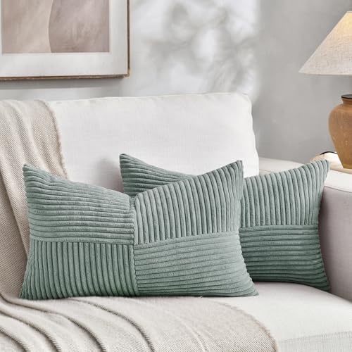 Fancy Homi 2 Packs Grey Blue Long Lumbar Decorative Throw Pillow Covers 16x24 Inch for Couch Bed Sofa, Rustic Farmhouse Boho Home Decor, Soft Striped Corduroy Rectangle Accent Cushion Case 40x60 cm