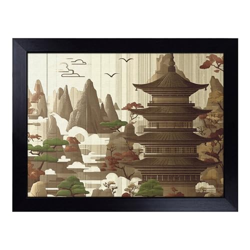 Lap Tray with Bean Bag Cushion, Pagoda Japanese Art - Handmade in the UK, Raised Wooden Edge, Padded Cushion, Heat-Resistant Wipe-Clean Surface, for Meals, Laptops and Crafts