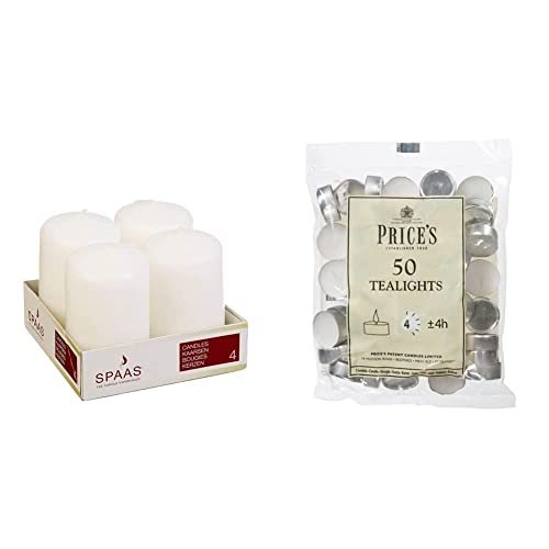 Spaas Unscented Pillar Candle 50/80 mm, 18 Hours, White & Prices Patent Candles White Tealights Bag, Pack of 50, Wax, l x 3.8cm w x 1.8cm h