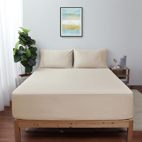 "Shunjie.Home King Size Fitted Sheet Only Beige, 100% Egyptian Cotton 600 Thread Count, 16"""" Deep Pocket Premium Cotton Mattress Sheet (1 Bottom Sheet Only)"