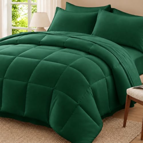 Anluoer Full Comforter Set 7 Piece, Emerald Green Bed in a Bag with Sheets, Comforters Full Size Bedding Sets with 1 Comforter, 2 Pillow Shams, 2 Pillowcases, 1 Flat Sheet,1 Fitted Sheet