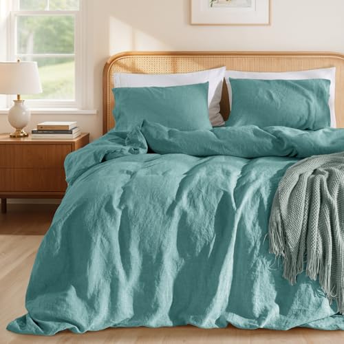 LBRO2M 100% France Linen Duvet Cover Set King Size 3 Pcs Natural Flax Comforter Cover with Zipper Closure 2 Pillowcase Breathable Duvet Cover (Aqua King)