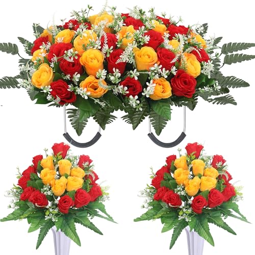 Lodou 3 Sets Cemetery Flowers for Grave,Headstone Flower Saddle,Grave Memorial Flowers with Vase for Cemetery Headstones Decoration ??? (Red Yellow)
