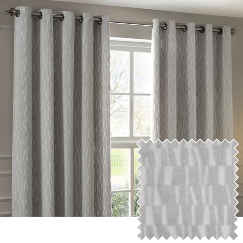 Paoletti Manhattan Room Darkening Eyelet Curtain Pair – Elegant Velvet Geometric Textured Lined Ring Top Drapes (Silver - 168x229cm)
